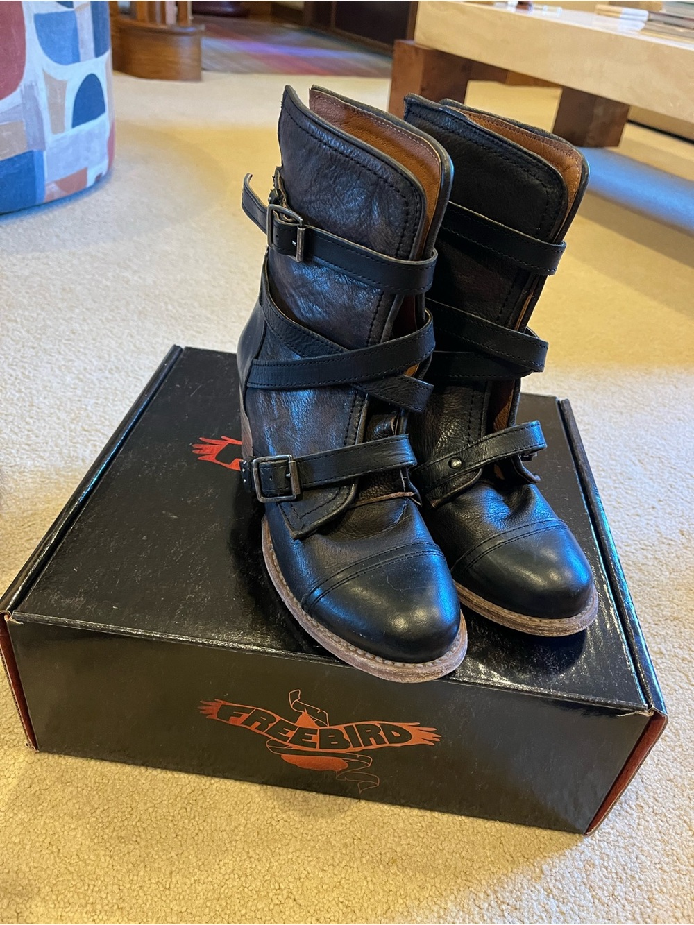 freebird Black Leather Buckle Strap Ankle Boots